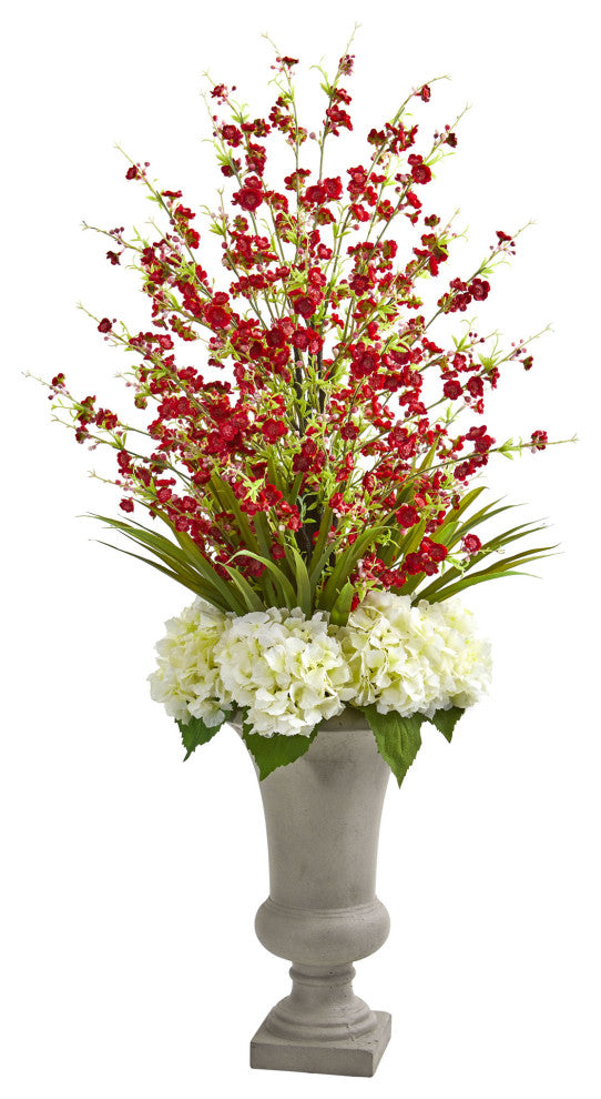 Cherry Blossom and Hydrangeas Artificial Arrangement in Urn, Red
