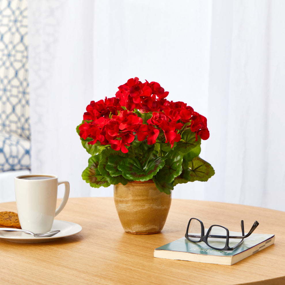11" Geranium Artificial Plant, Ceramic Planter UV Resistant, Indoor/Outdoor