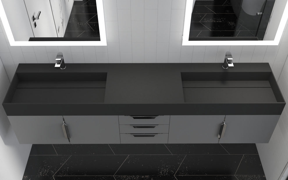 CastelloUSA Amazon 84" Wall Mounted Bathroom Vanity Set, Gray, Black Top, Brushed Nickel