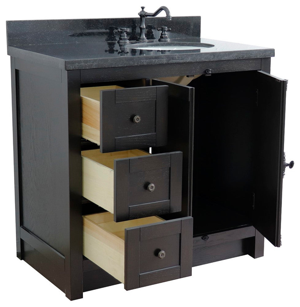 37" Single Vanity, Brown Ash With Black Galaxy Top, Right Doors/Right Oval Sink