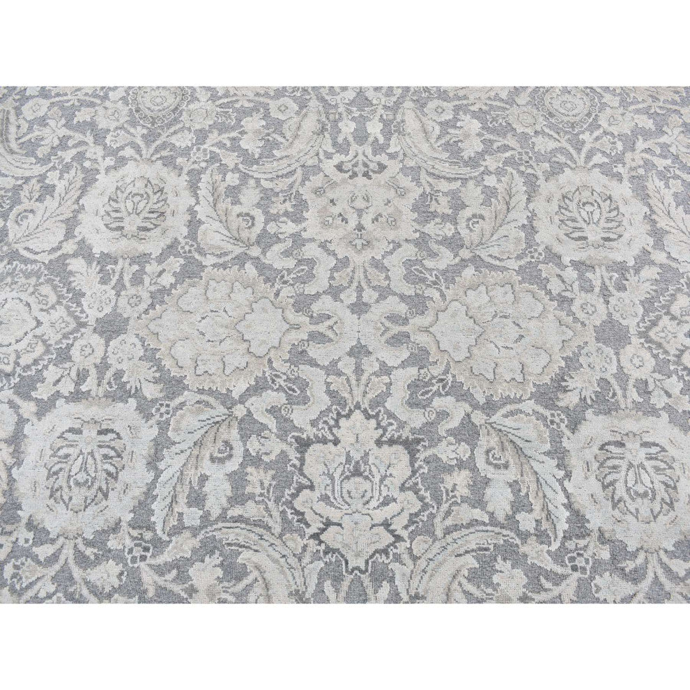 Charcoal Gray Oushak Design Hand Knotted Flat Weave With Silk Rug 9'1"x12'5"