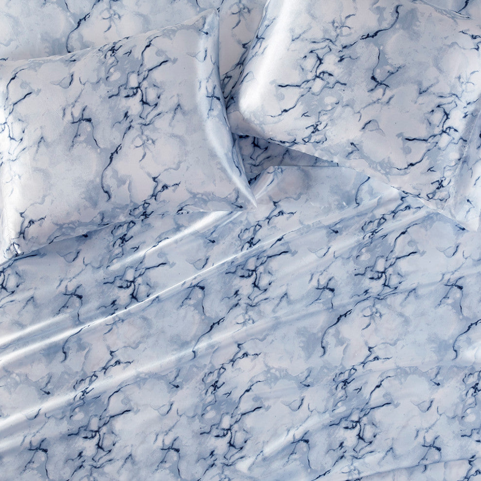 Madison Park Essentials Printed Satin Sheet Set, Queen Blue Marble