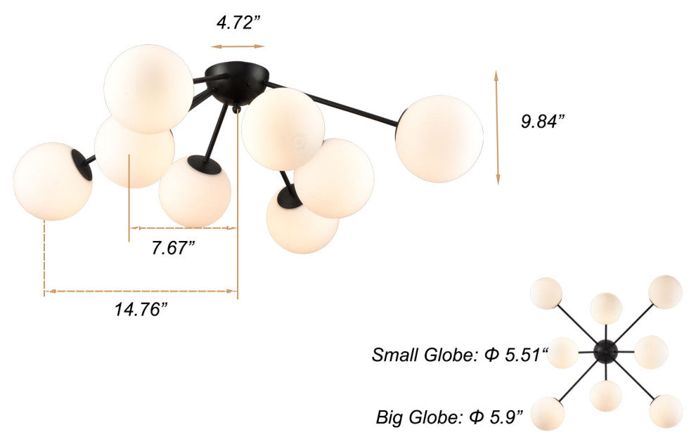 Modern Globe Semi Flush Mount Ceiling Light Sputnik Chandeliers, Black, 8-Light