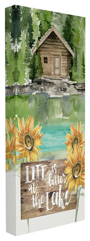 Cabin by a Lake with Sunflowers Watercolor Painting Stretched Canvas, 10"x24"