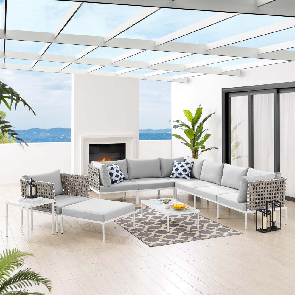 Lounge Sectional Sofa Chair Table Set, Sunbrella, Aluminum, Gray, Outdoor