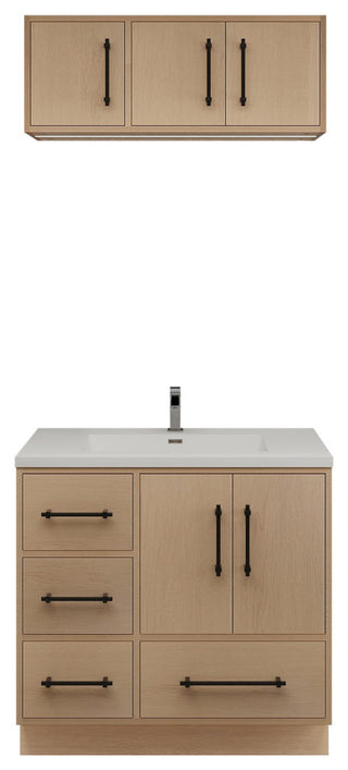 Victoria 36" Solid Wood Bath Vanity, Overhead Cabinet, Yellow Oak