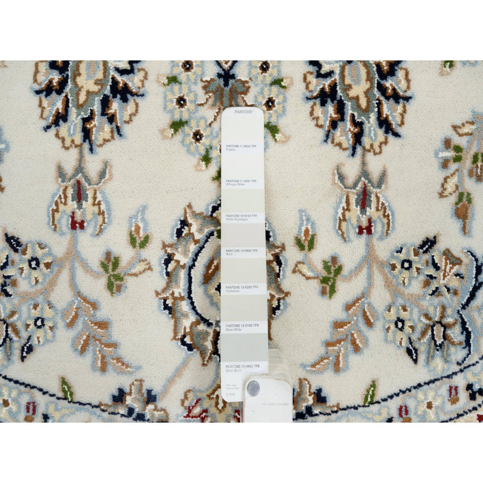 Ivory Nain With Flower Medallion Design Wool and Silk Hand Knotted Rug, 6'x6'