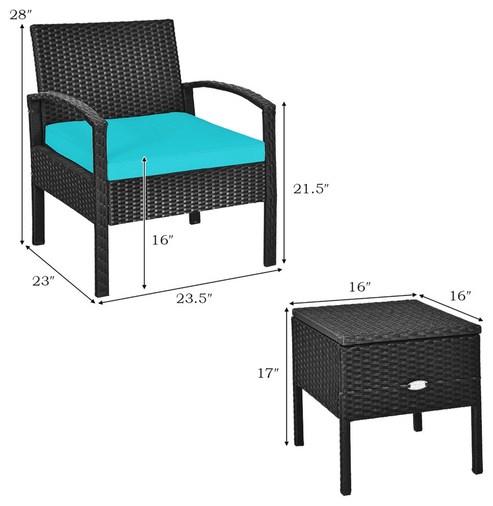 Costway 3PCS Patio Rattan Furniture Set Storage Table Cushioned Sofa Turquoise