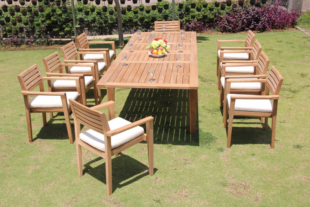 11-Piece Teak Dining Set, 122" Extn Rectangle Table, 10 Montana Stacking Chairs