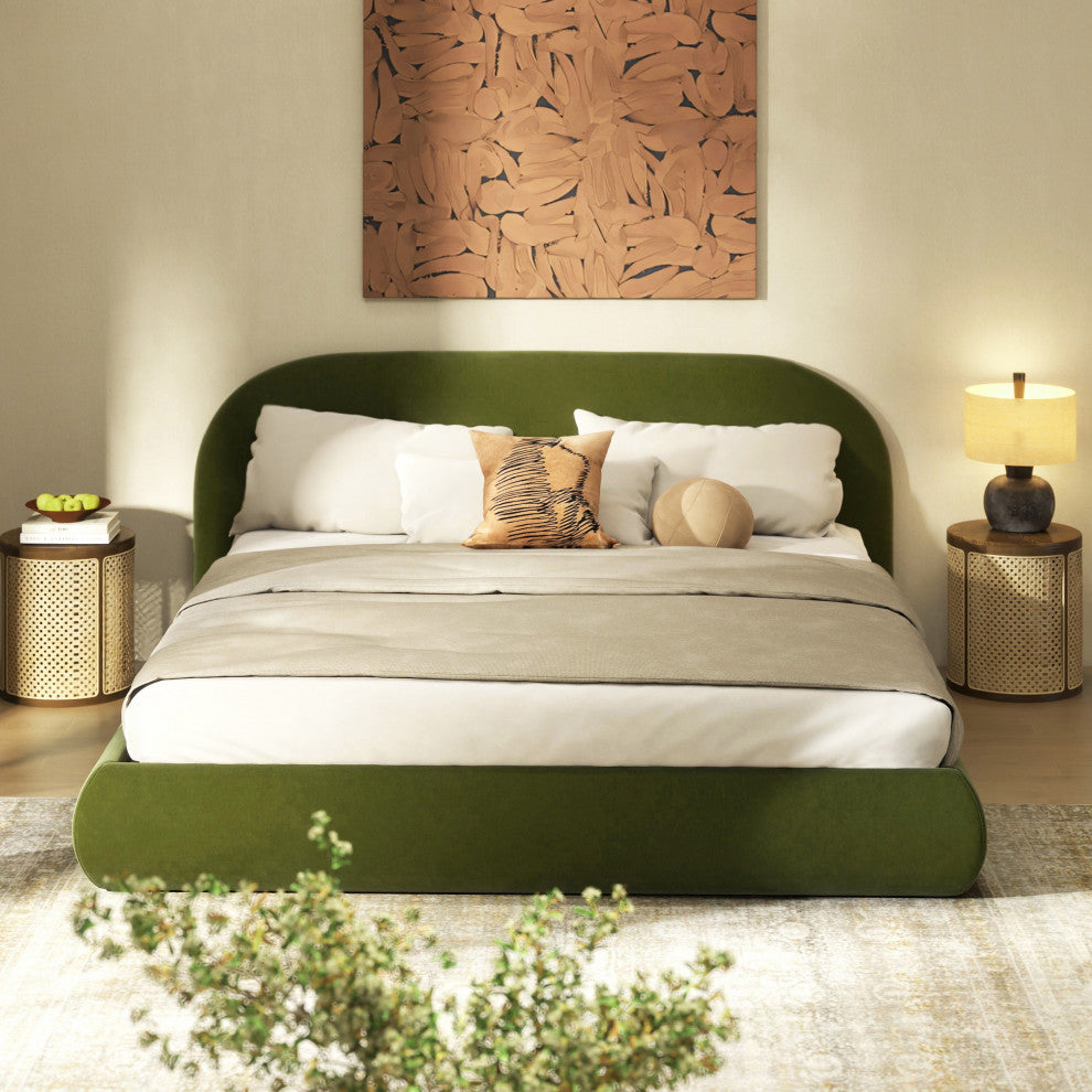 Archie Mid-Century Modern Arched Headboard Platform Bed, Olive Green, King