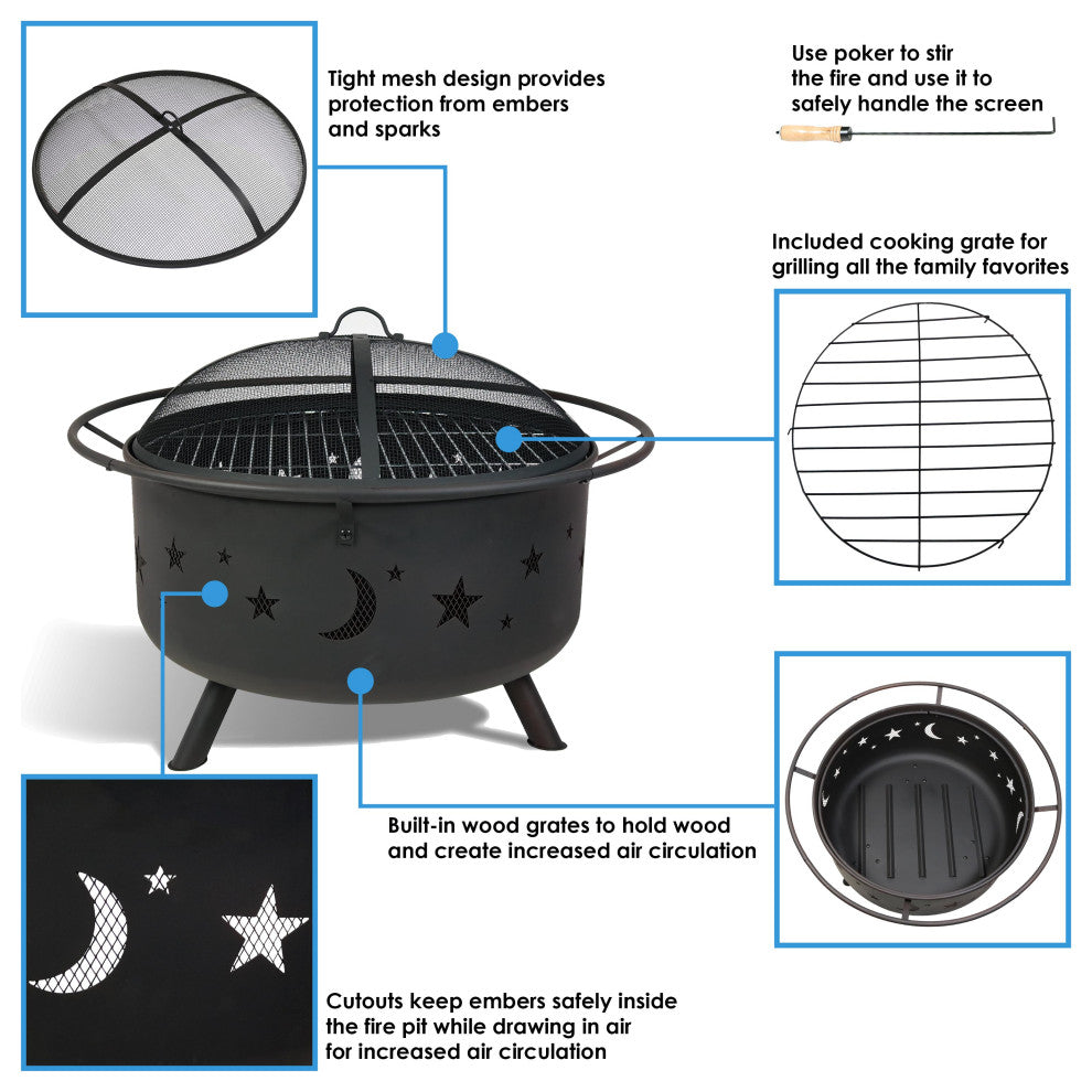 Sunnydaze Cosmic Fire Pit With Cooking Grill and Spark Screen, 30"