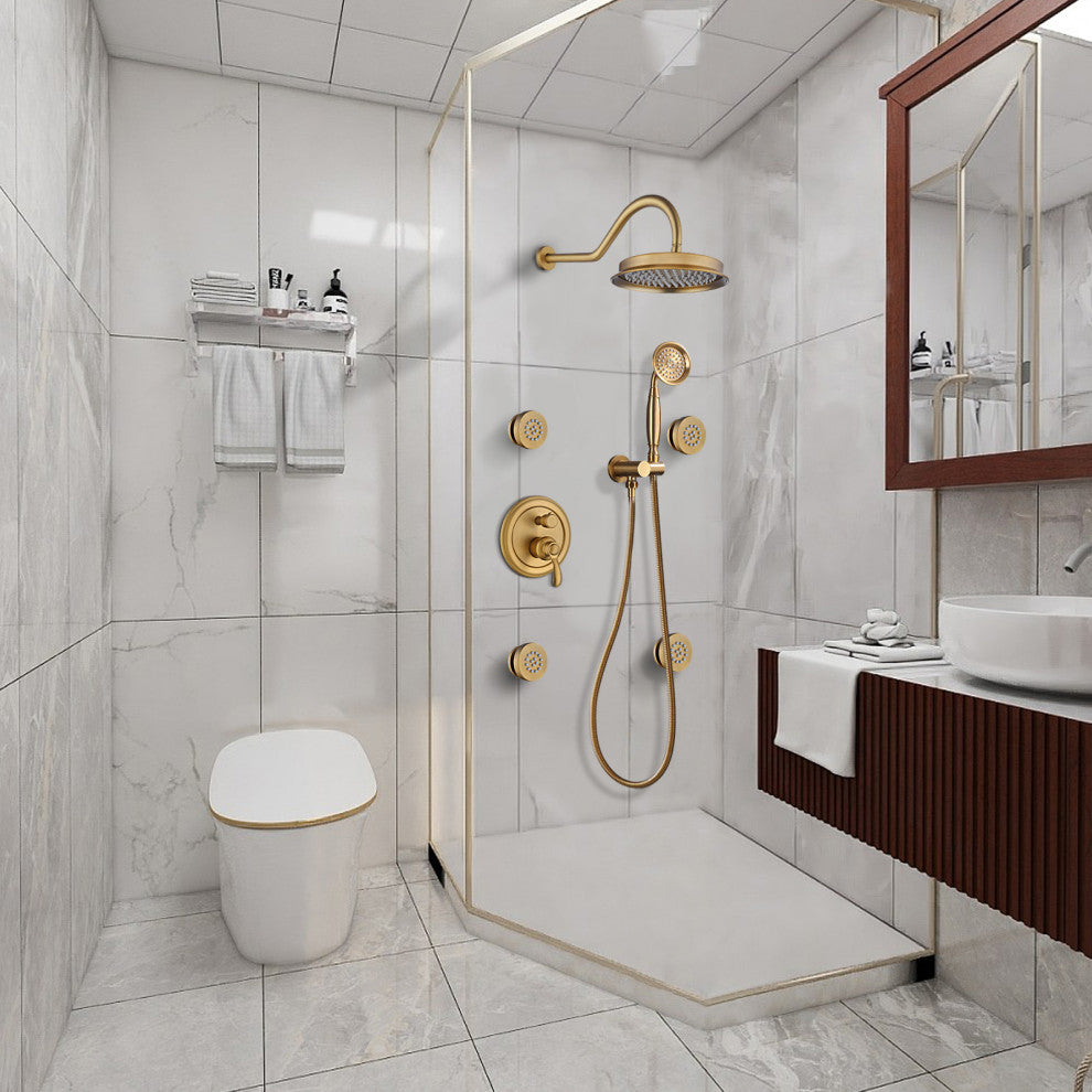 Antique Shower System with 4 Body Jets and Shower Valve, Brushed Gold