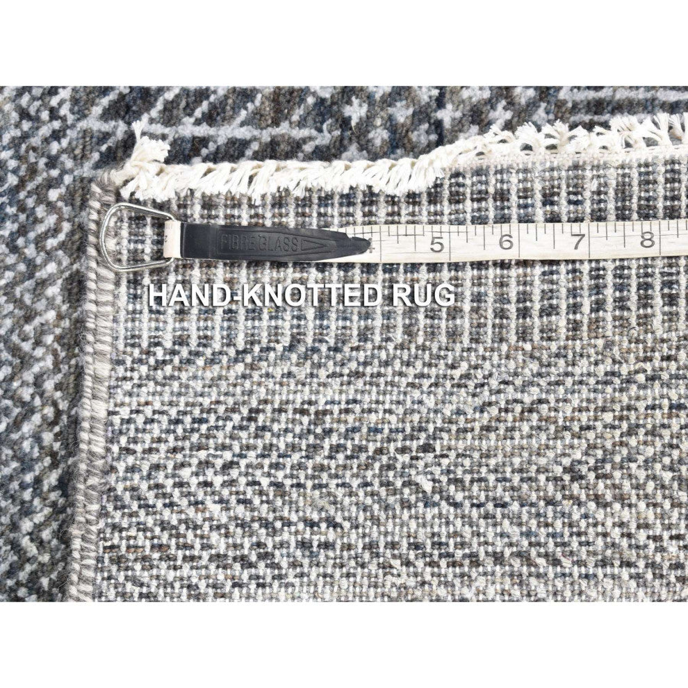 Black, Modern Grass Design, Hand Knotted Wool and Silk Runner Rug, 2'7"x14'1"
