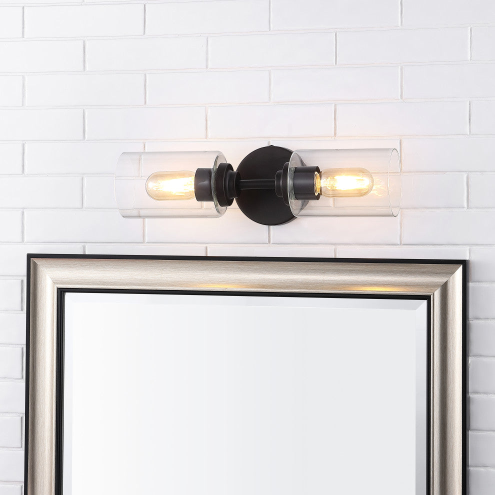 Giles 16" 2-Light Farmhouse Iron Cylinder LED Vanity, Oil Rubbed Bronze/Clear