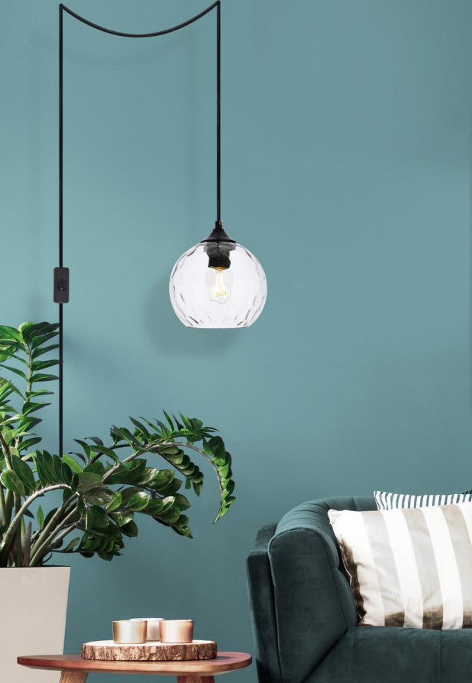 Charlotte 1-Light Black and Clear Glass Plug-In Pendant