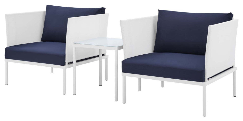 Lounge Chair Table Set, Sunbrella, Aluminum, Metal, White Blue Navy, Outdoor