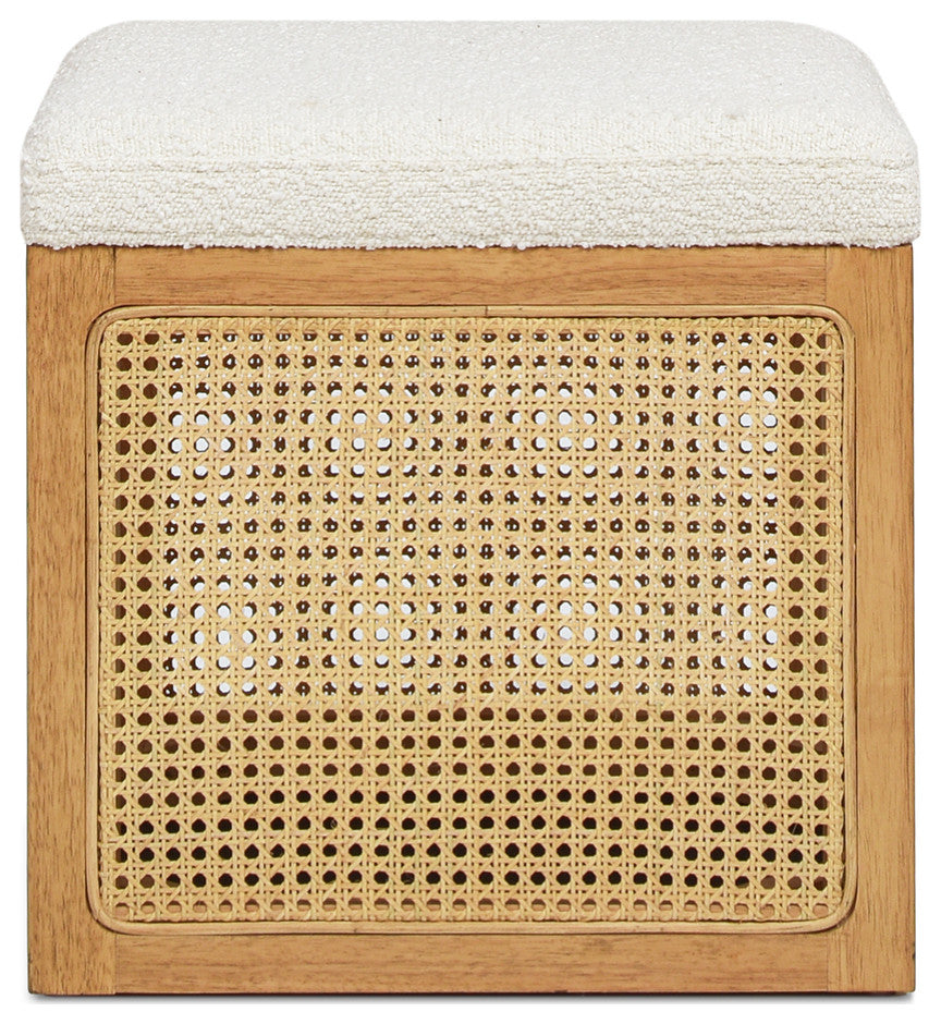 Nina 18" Cane Webbing Cube Ottoman, Ivory White Boucle