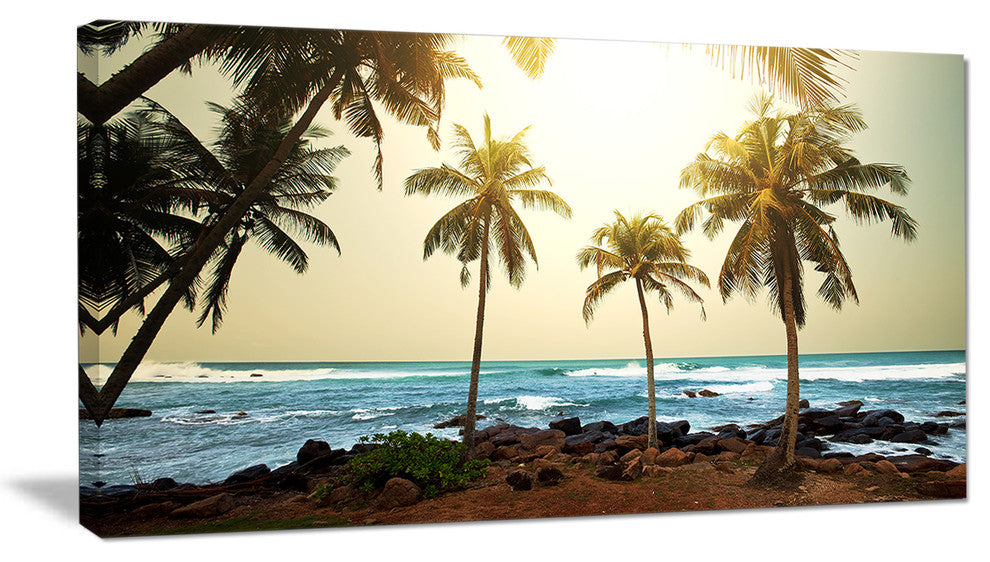 Rocky Tropical Beach with Palms, Seashore Canvas Art Print, 32"x16"