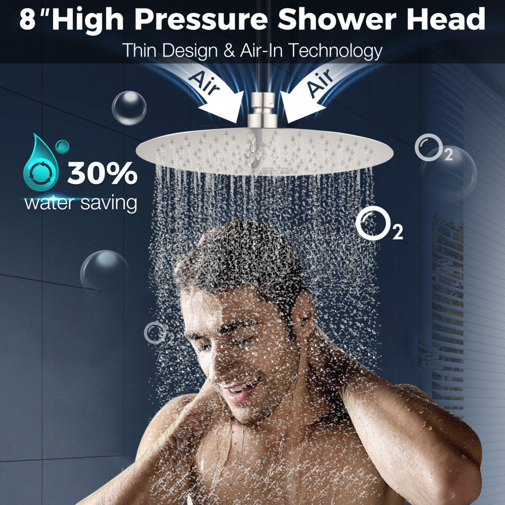 Full Metal Round Hand Shower, High Pressure 8'' Stainless Steel Rain Shower Set, Brushed Nickel