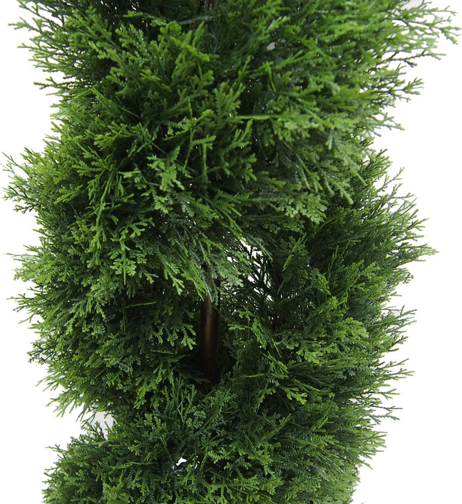 Vickerman 4' Artificial Green Cedar Double Spiral Topiary, Black Plastic Pot
