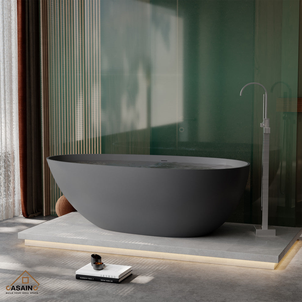 67in Solid Surface Freestanding Bathtub in Matte Black, Matte Grey