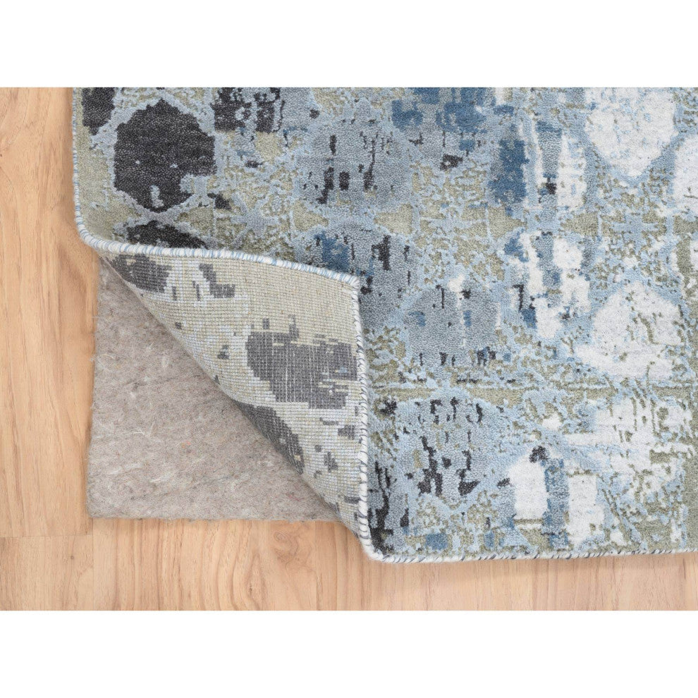 Gray and Blue, THE HONEYCOMB, Wool and Silk Hand Knotted Runner Rug, 2'6"x8'0"