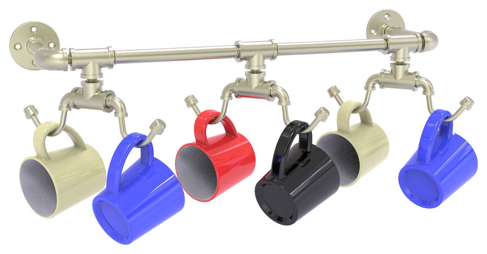 Pipeline Wall Mounted 6 Coffee Mug Rack, Satin Nickel