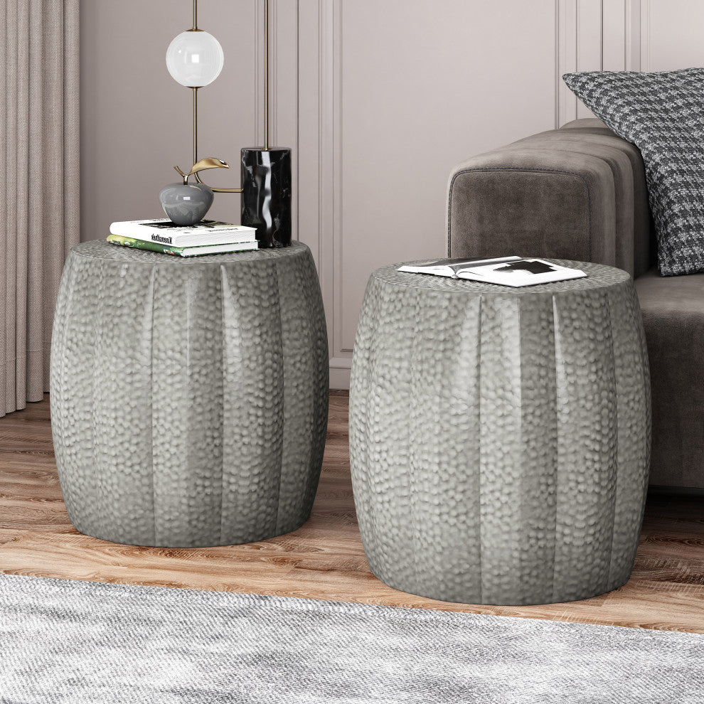 Craigue Modern Iron Mandala Pumpkin Side Tables, Set of 2, Brushed Antique Silver