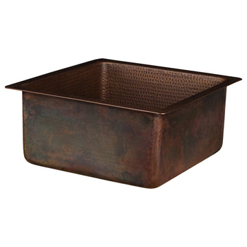 16" Square Hammered Copper Bar/Prep Sink, 3.5" Drain Opening