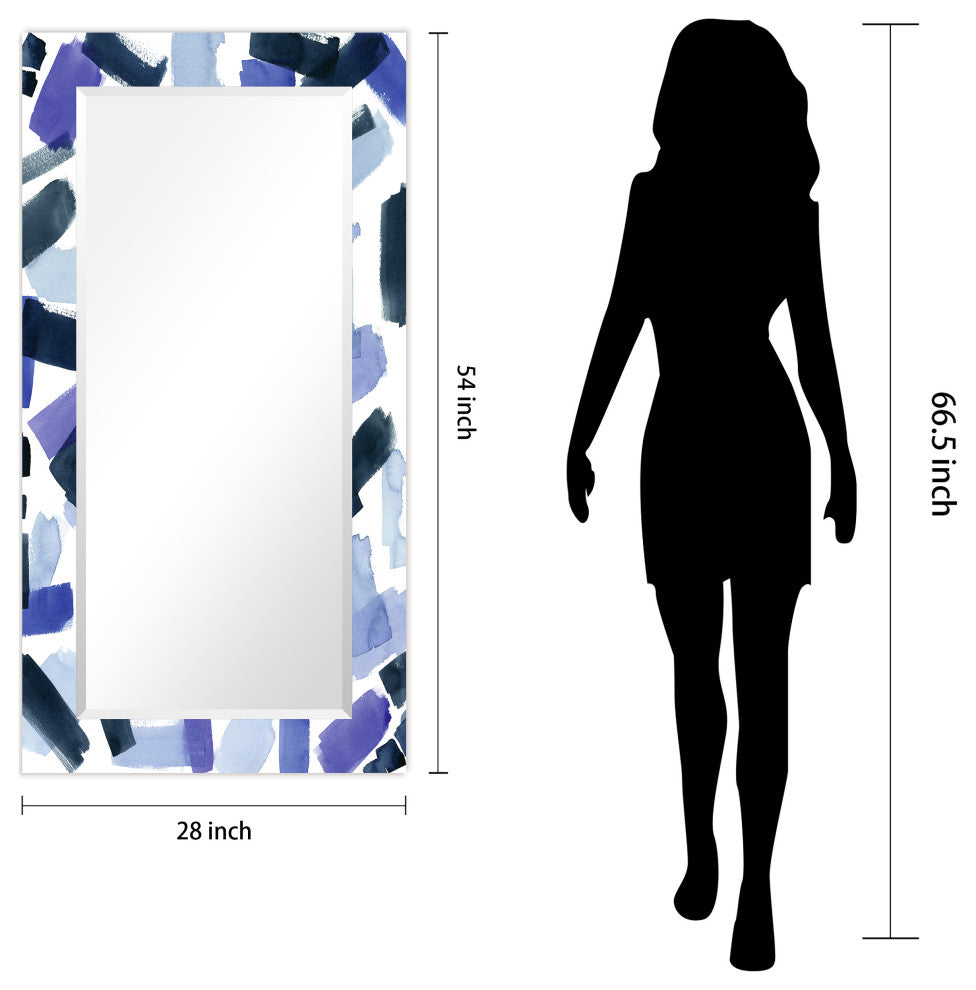 "Cerulean" Beveled Mirror on Printed Abstarct Tempered Art Glass, 54x28"