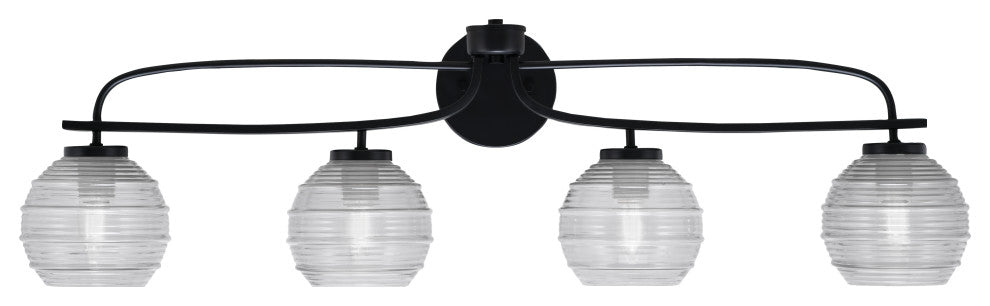 Cavella 4 Light Bath Bar, Matte Black Finish, 6" Clear Ribbed Glass