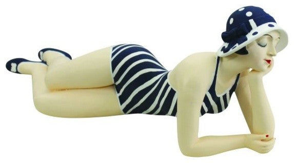 Retro Bathing Beauty Lying Figurine, Swim Suit Woman Blue White Stripe Dot