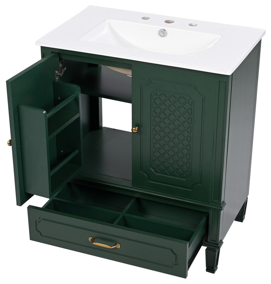 GDF Studio 30" Vintage Vanity With Sink, Drawer & Adjustable Shelf, Dark Green
