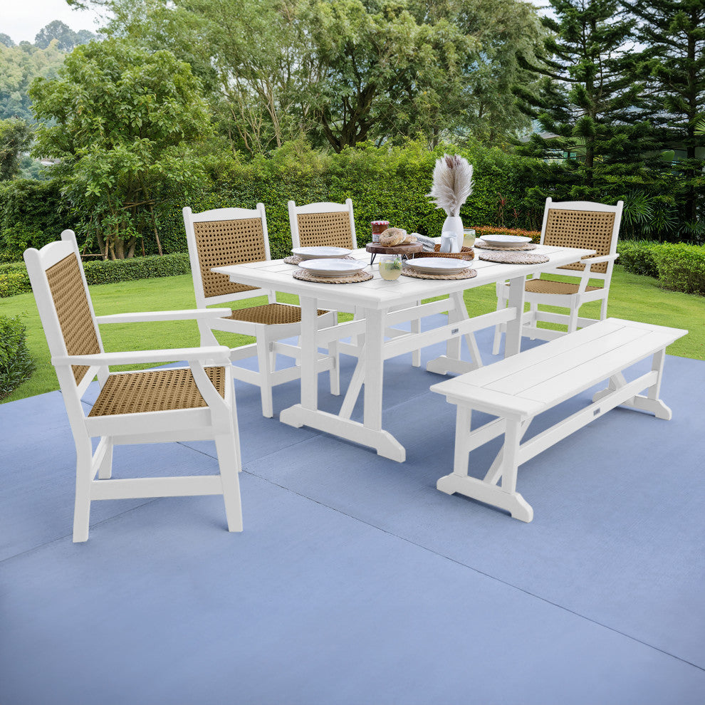 LuXeo Tuscany Woven Rattan Dining Set, White, 6-Piece
