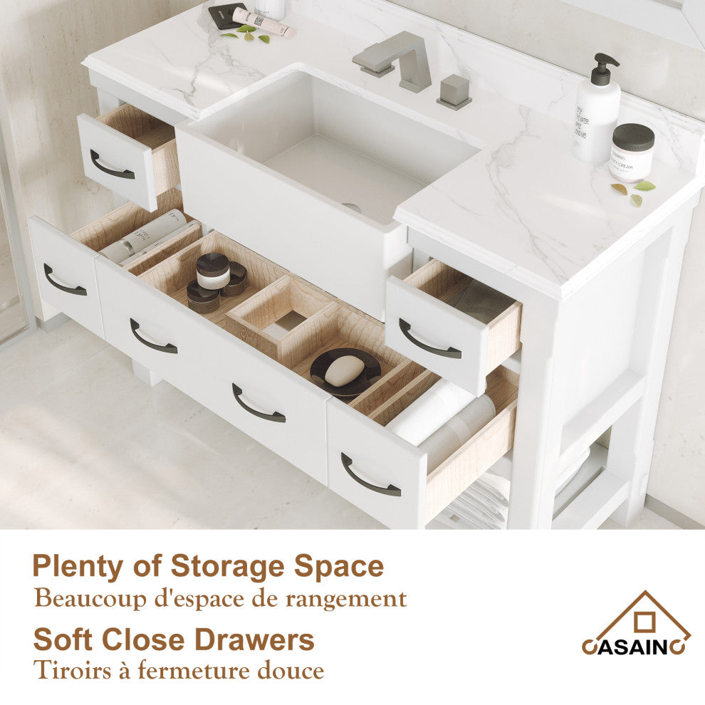 Freestanding Bath Vanity in White with White Quartz Top, 48in