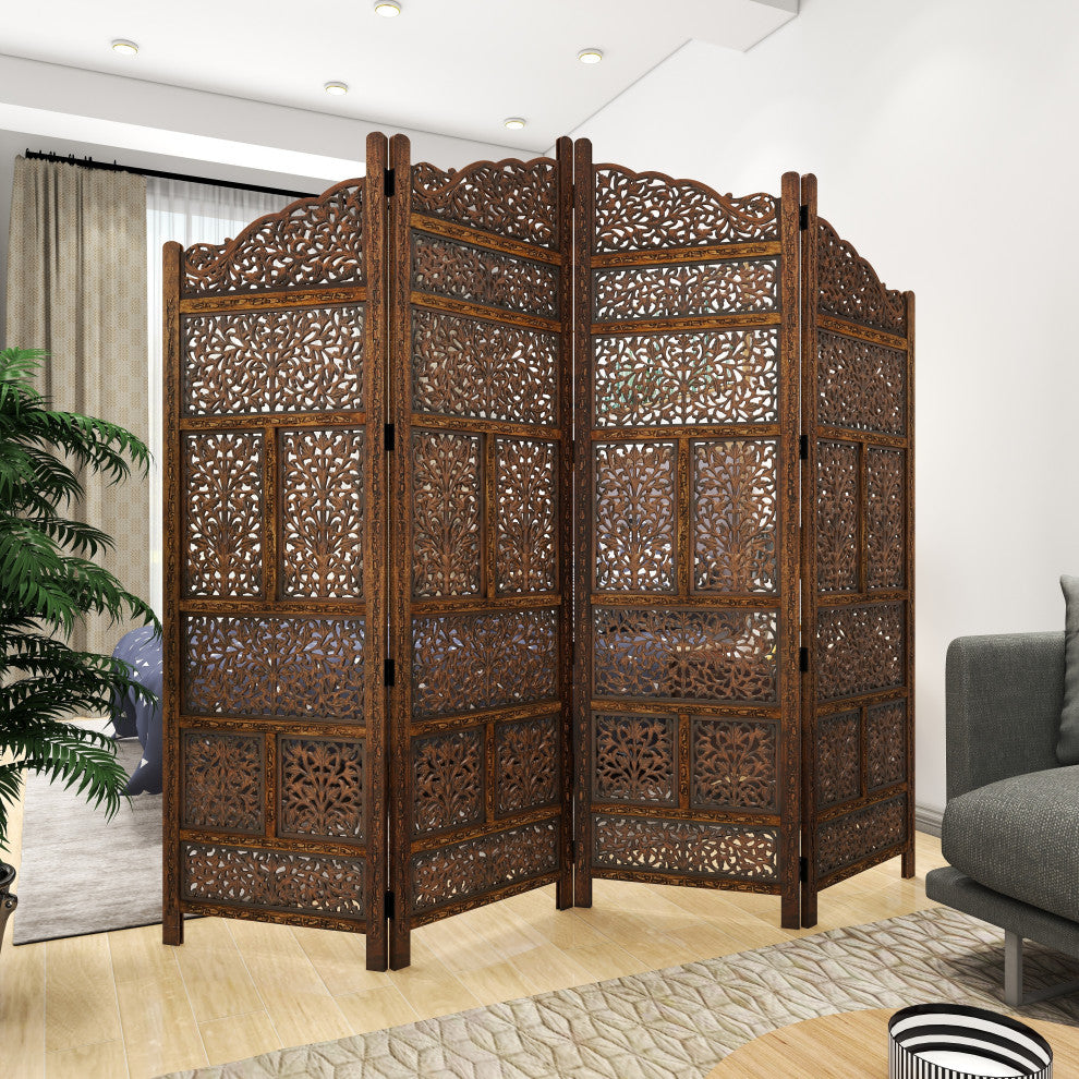 Benzara BM01875 Villa Este Wood Room Divider 4 Panels Carved Screen