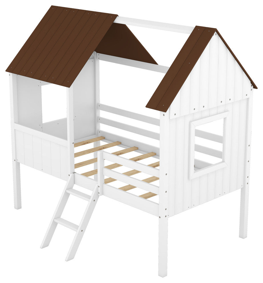 Gewnee Twin Size Low Loft Wood House Bed with Two Side Windows