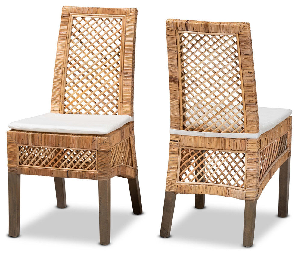 2 Pack Dining Chair, Unique Lattice Rattan Covered Frame & White Cushioned Seat
