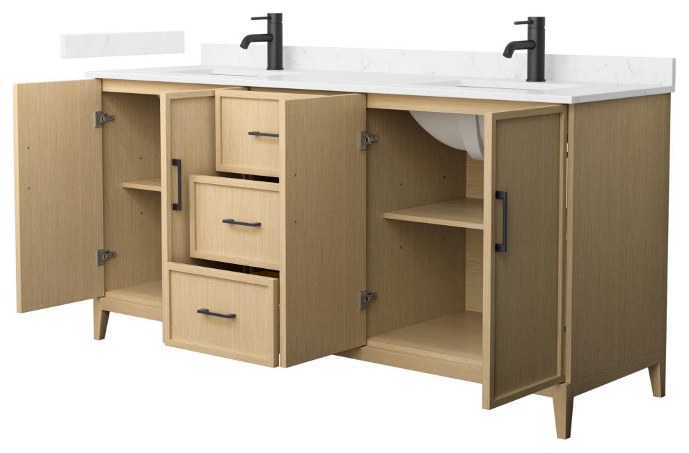 Elan 72" Double Vanity, White Oak, Carrara Cultured Marble Top, Black Trim