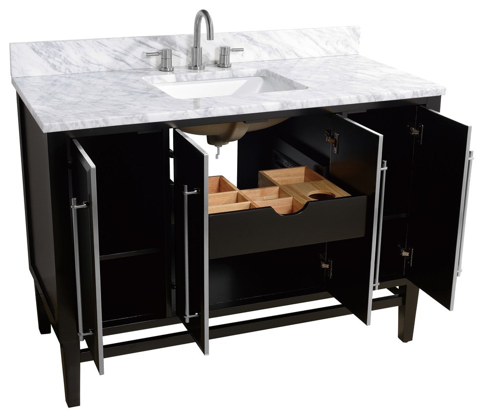 Mason 49" Vanity Combo, Black, Brushed Silver / Natural 1" Carrara White Marble Countertop and Backsplash