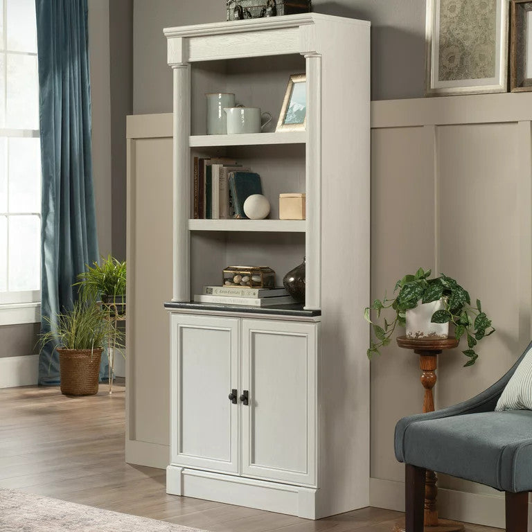 Tall Bookcase, Crown Molded Top With 3 Open Shelves & Lower Cabinet, Glacier Oak