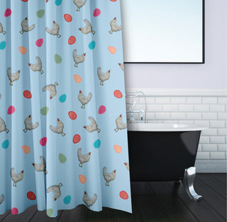 70"Wx73"L Chickens and Eggs Shower Curtain, After Rain Blue