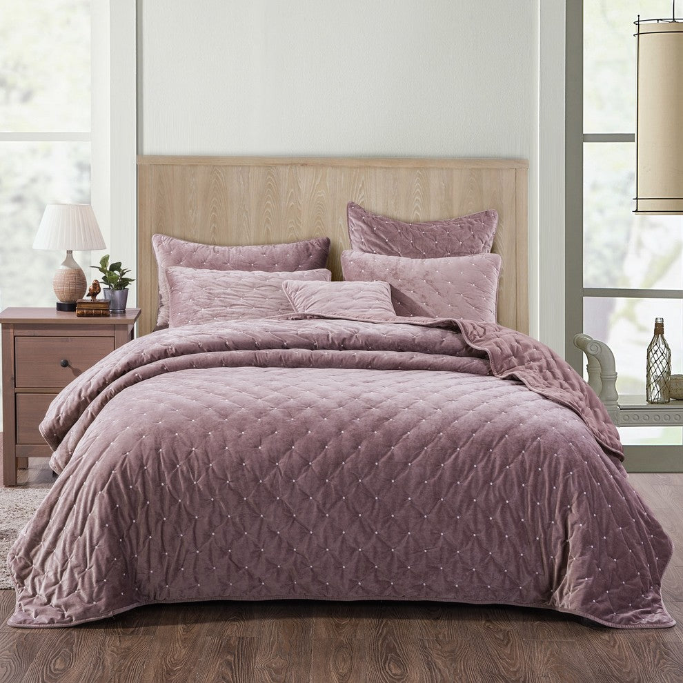 Mauve Velvet Diamond Tuft Bedspread Quilt Set, Queen