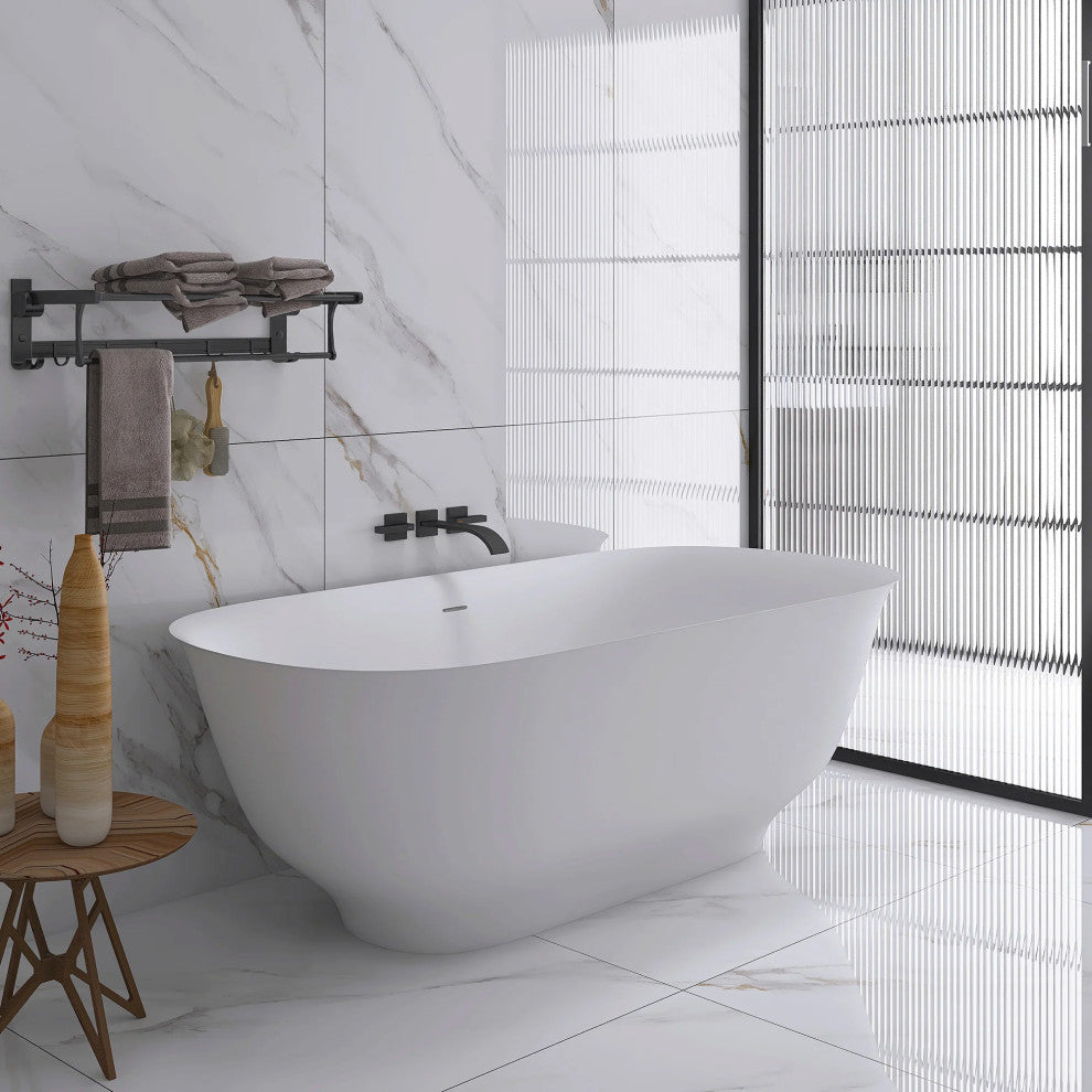 67" Solid Surface Freestanding Soaking Bathtub, White