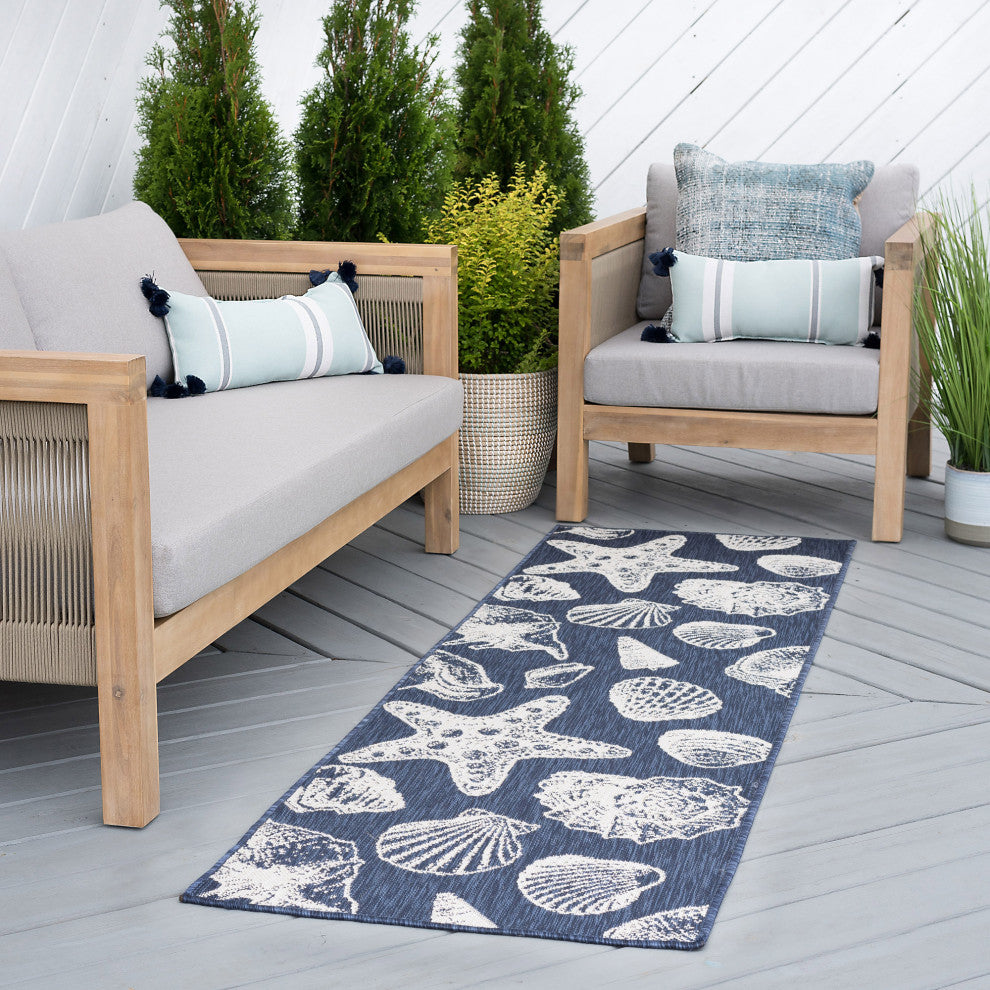 Sanibel Novelty Coastal Navy/Cream Indoor/Outdoor Runner Rug, 2.7'x10'