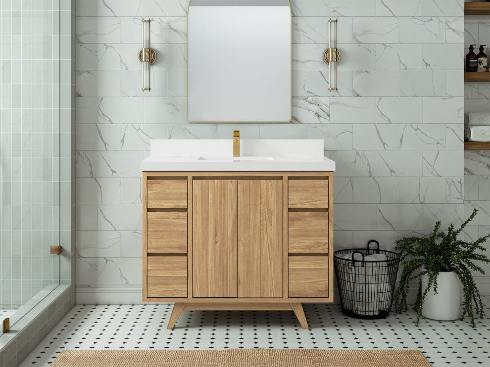 Madison Teak 42 Single Sink Bath Vanity in Light Natural 2" White Quartz