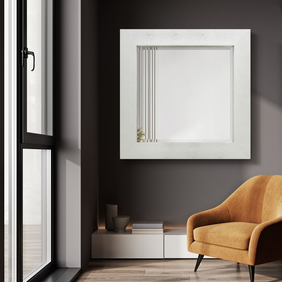 Beveled Wall Mirror,Silver on White Metallic Shagreen Leather Framed Mirror
