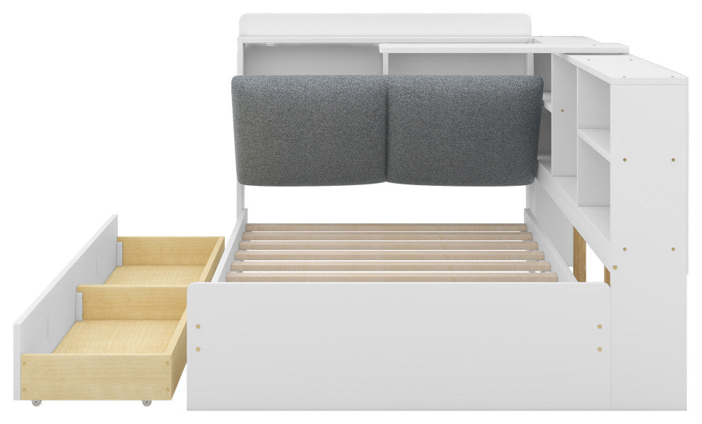 Gewnee Wood Twin Size platform bed with Storage Headboard