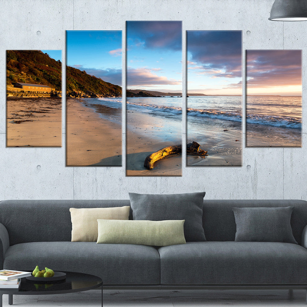 "Looe Cornwall Beach At Sunrise" Modern Beach Wall Art, 5 Panels, 60"x32"