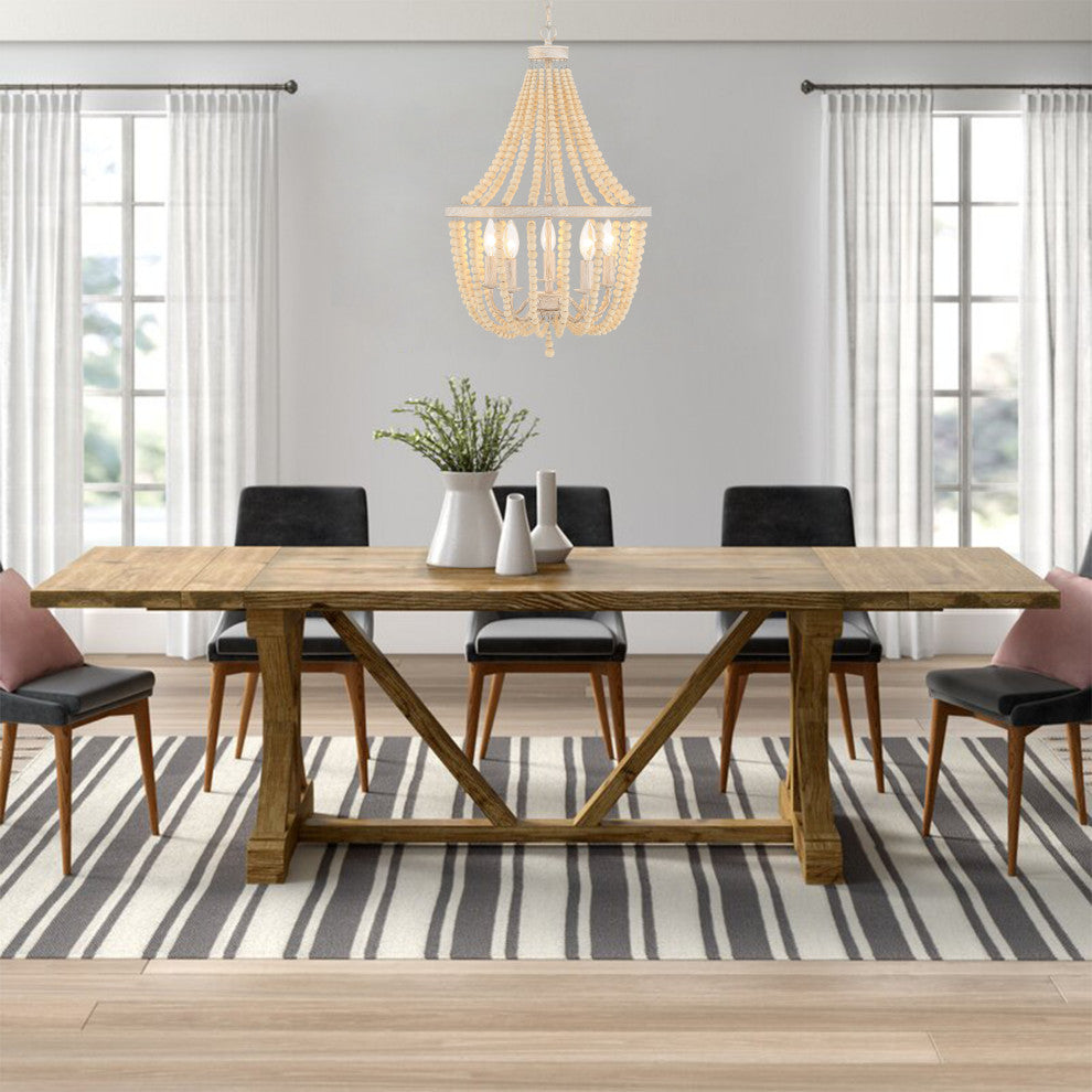 5 - Light Candle Style Empire Chandelier with Beaded Accents, White+gold